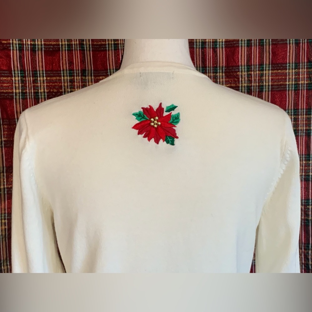 C B PETITE CAREER STITCHED & BEADED POINSETTIA CARDIGAN - PM - Picture 5 of 5